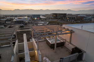 Aerial view at dusk with a mountain view