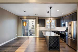 Kitchen featuring appliances with stainless steel finishes, sink, pendant lighting, a center island, and dark hardwood / wood-style floors