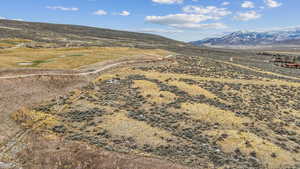 Aerial view featuring a mountain view