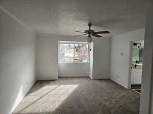 Master bedroom with light carpet, a textured ceiling, ceiling fan, and crown molding