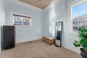 Living area featuring carpet flooring and crown molding