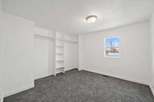 Spacious closet with dark carpet