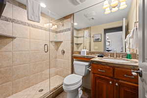 Bathroom with vanity, toilet, and walk in shower