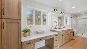 Bathroom featuring vanity, wood-type flooring, and walk in shower