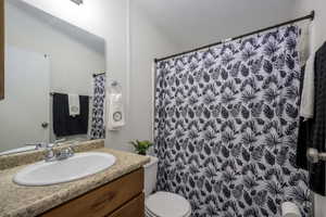 Bathroom with crown molding, vanity, a textured ceiling, and toilet