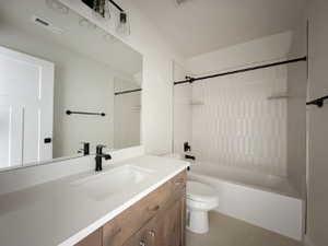 Full bath with toilet, visible vents, vanity, and bathing tub / shower combination