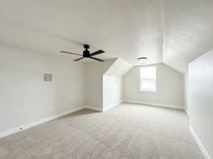 Additional living space featuring a textured ceiling, lofted ceiling, light colored carpet, visible vents, and baseboards