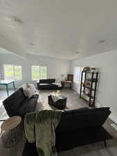 Carpeted living area with baseboards, visible vents, a healthy amount of sunlight, and vaulted ceiling