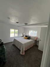 Bedroom featuring dark colored carpet, a textured ceiling, visible vents, and multiple windows
