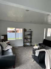 Carpeted living room with a textured ceiling, baseboards, and plenty of natural light