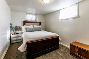 Bedroom with a textured ceiling and dark carpet