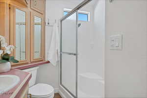 Bathroom with vanity, toilet, and a shower with shower door