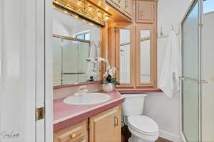 Bathroom featuring vanity, toilet, and a shower with shower door