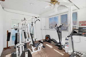 Exercise room featuring ceiling fan