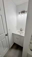 Bathroom with hardwood / wood-style flooring and vanity