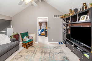 Living room featuring a textured ceiling, lofted ceiling, and light carpet