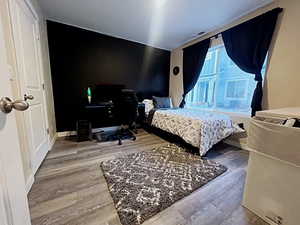 Bedroom with wood-type flooring