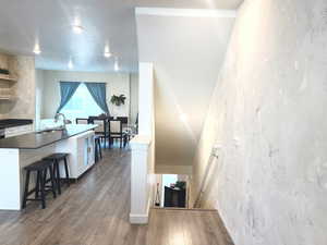 Kitchen with a kitchen bar, sink, white cabinetry, and dark wood-type flooring