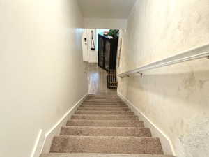 Staircase with hardwood / wood-style flooring