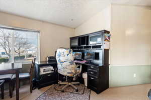 Office featuring light colored carpet, a textured ceiling, and vaulted ceiling