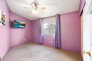 Carpeted empty room featuring ceiling fan, lofted ceiling, and a textured ceiling