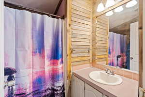 Bathroom featuring wooden walls, vanity, and vaulted ceiling