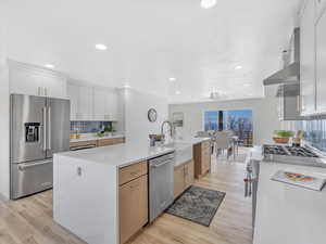 Kitchen with white cabinets, light hardwood / wood-style floors, high quality appliances, and an island with sink