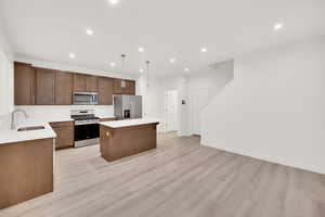 Kitchen featuring stainless steel appliances, sink, a center island, light hardwood / wood-style floors, and hanging light fixtures