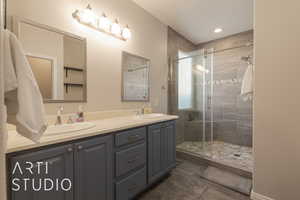 Primary bathroom featuring double vanity and walk in shower