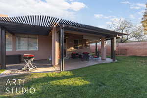 Exterior space with an outdoor hangout area, a patio area, a pergola, and a yard