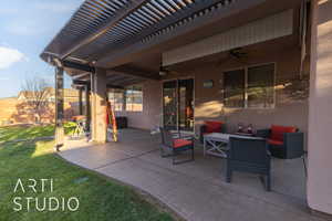 View of patio / terrace featuring ceiling fan, a pergola, and an outdoor hangout area