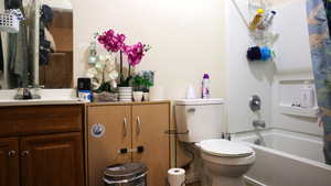 Full bathroom featuring vanity, toilet, and shower / bath combo with shower curtain