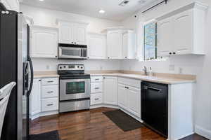 Kitchen with white cabinets, sink, dark hardwood / wood-style flooring, and stainless steel appliances