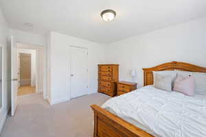 Bedroom with light colored carpet