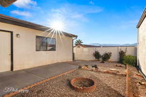 View of patio with a mountain view