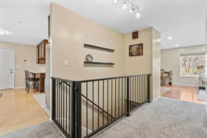 Hall featuring rail lighting and light wood-type flooring