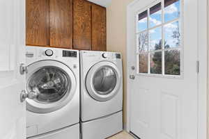 Laundry area featuring cabinets and washing machine and dryer