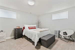 Carpeted bedroom featuring a textured ceiling and multiple windows