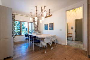 Dining space featuring a chandelier and wood-type flooring