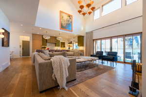 Living room featuring light wood-type flooring and high vaulted ceiling