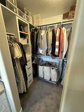 Spacious closet with dark colored carpet