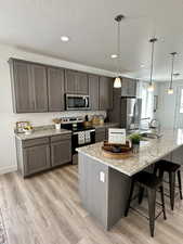 Kitchen featuring a large island, stainless steel appliances, hanging light fixtures, and light hardwood / wood-style flooring