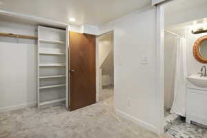 Bathroom with vanity and curtained shower