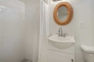 Bathroom featuring a shower with shower curtain, vanity, and toilet