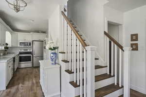 Kitchen featuring sink, dark wood-type flooring, tasteful backsplash, white cabinets, and appliances with stainless steel finishes