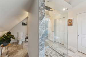 Bathroom featuring toilet, lofted ceiling, and walk in shower