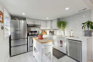 Kitchen featuring tasteful backsplash, wood counters, sink, and appliances with stainless steel finishes