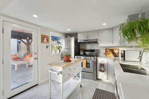 Kitchen featuring decorative backsplash, appliances with stainless steel finishes, and sink