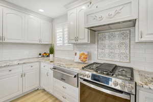 Kitchen with premium range hood, tasteful backsplash, white cabinets, and high end stainless steel range oven