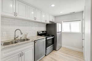 Kitchen featuring appliances with stainless steel finishes, tasteful backsplash, sink, white cabinets, and light hardwood / wood-style floors